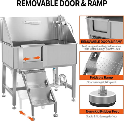 Dog Washing Station 38'' Stainless Steel Pet Grooming Tub for Large Dogs Over-Size Professional Dog Grooming Bathtub Station Wash Shower Sink Pet Grooming Bathtub Station,Left Door