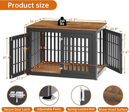 48" Heavy Duty Dog Crate Furniture for Small,Medium and Large Dogs,Rustic Wooden Dog Cage Kennel Indoor Furniture with Waterproof Top,Decorative Pet House Side End Table (Black & Wood)
