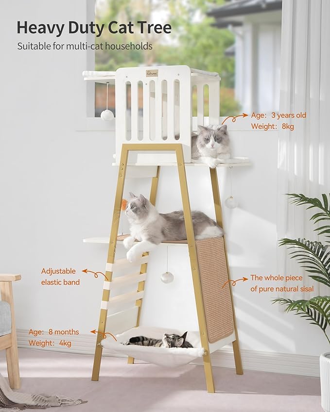 FourFurPets Modern Cat Tree, 58-Inch Cat Tower for Large Cats, Maine Coon Cat Tree with Scratching Board, Large Perch, Hammock and Removable Pads, White