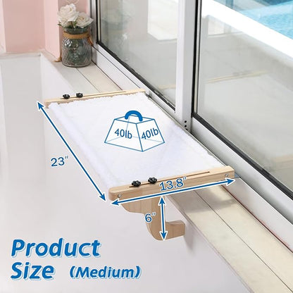 Easy Seat Cat Perch for Window Sill - Hammock Design w/Pine Wood & Robust Metal Frame - Cat Window Seat for Large Cats and Kittens (Natural Color Wood w/White Bed, Medium (23''W x 14''D))