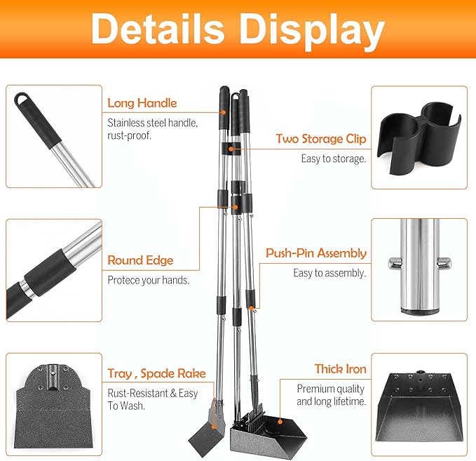 Dog Pooper Scooper, Adjustable Handle Poop Scooper with Tray,Rake and Spade Set of 3, Steel Stainless Poop Scoop for Small Medium Dogs and Pet Waste on Grass, Dirt and Gravel (Medium Size)