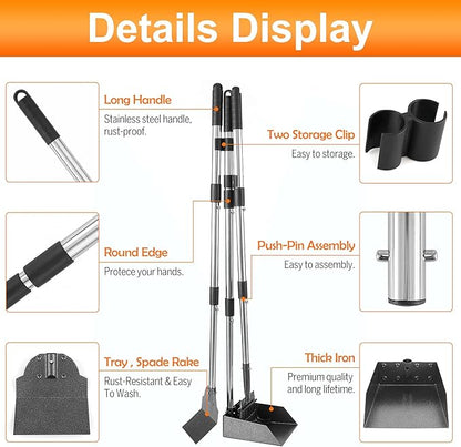 Dog Pooper Scooper, Adjustable Handle Poop Scooper with Tray,Rake and Spade Set of 3, Steel Stainless Poop Scoop for Small Medium Dogs and Pet Waste on Grass, Dirt and Gravel (Medium Size)