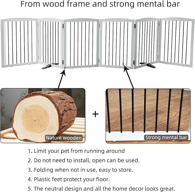 Freestanding Panel Dog Gate for Indoor Doorways, Stairs, or Hallways, Foldable Wooden Pet Gate, Support Feet Included, 24" Height-6 Panels, White