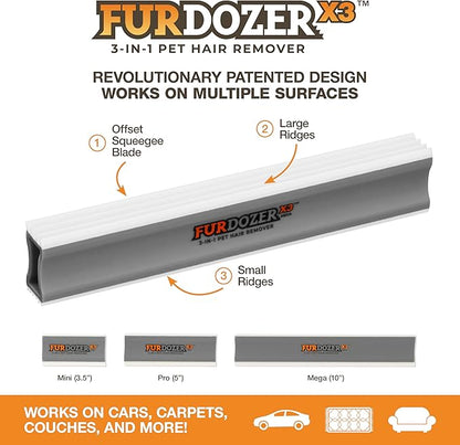 FurDozer X3 MEGA Pet Hair Remover & Auto Detailing Tool - Cat & Dog Hair Remover for Carpet, Car Interior, Couch, Bedding, & Furniture - Reusable Pet Hair Removal Tool for Dog Fur & Lint, 10", Grey