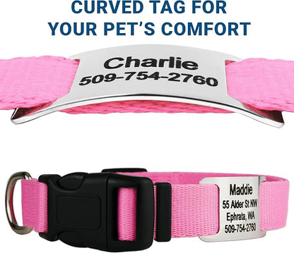 GoTags Personalized Dog Collar with Nameplate, Adjustable Dog Collar with Custom Engraved Slide On Pet ID Tag in Stainless Steel, Silent, No Noise Dog Tag for Large Medium and Small (Pink, Large)