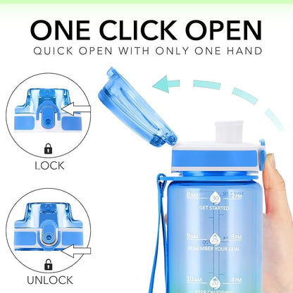 32oz Motivational Water Bottles with Time Marker & Fruit Strainer, Transparent Gradient Color Water Bottle with Times to Drink, Leakproof & BPA Free, Reusable Bottle with Strap (No Straw)