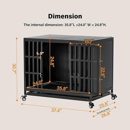 38 inch Heavy Duty Dog Crate with Self-Locking Latch, Indestructible Steel Large Kennel with Enclosed Design, Chew-Proof and Escape-Proof Pet Cage for High Anxiety Dogs