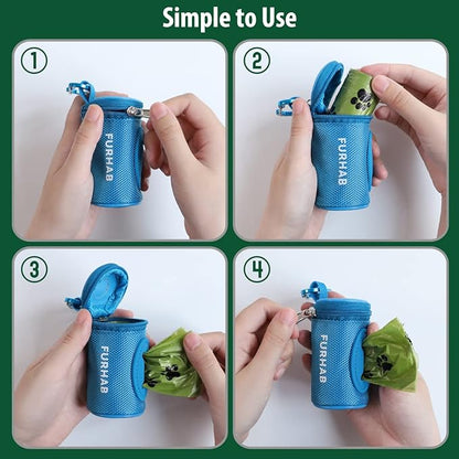 Dog Poop Bag Holder for Leash Doggie Waste Bag Dispenser Soft Fabric Puppy Potty Carrier Small Doggy Zipper Pouch with Carabiner Clip 1680D Nylon Oxford with 1 Roll of Pet Trash Bags, Sky Blue