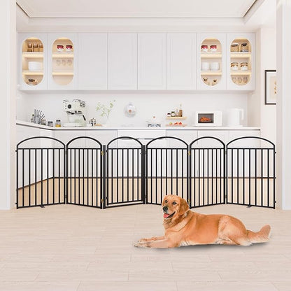6 Panles Full Matel Freestanding Dog Gates with Door, 144"Extra Wide 32"Tall Free Standing Dog Pet Gate for Indoor & Outdoor. Foldable Pet Fences for Doorways, House, Stairs, Porch, Deck, Yard