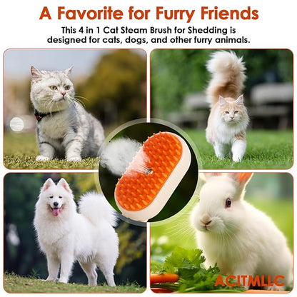 4 in 1 Cat Steam Brush for Shedding, Cleaning, Massage & Smooth, USB Rechargeable Pet Spray Hair Removal Comb, for Indoor Long/Short Haired Cats & Dogs (White)