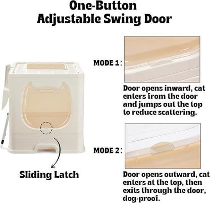 Gefryco Foldable Cat Litter Box with Lid,Covered Litter Box for Small and Medium Cats, Enclosed Cat Potty with Scoop and Brush, Top Entry Cute Kitten Litter Tray with Drawer and Top Cover(White)