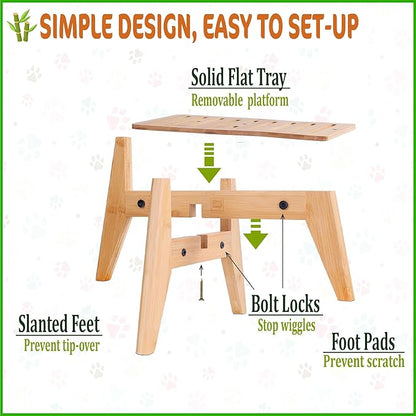 Dog Water Bowl Dispenser Stand - Compatible with Automatic and Gravity Water/Food Dispensers - Adjustable Width, Holds Various Sizes [See Photos for Measurements] - Bamboo