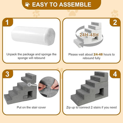 Dog Stairs for Small Dogs 27”H, 6-Step Dog Steps for High Bed, High-Density Foam Pet Stairs with Non-Slip Removable Washable Cover to Get on Bed