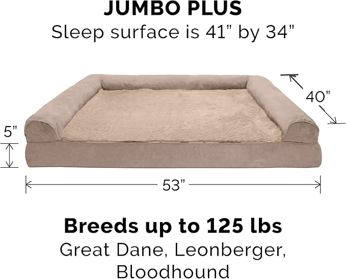 Furhaven Cooling Gel Dog Bed for Large Dogs w/ Removable Bolsters & Washable Cover, For Dogs Up to 125 lbs - Plush & Suede Sofa - Almondine, Jumbo Plus/XXL