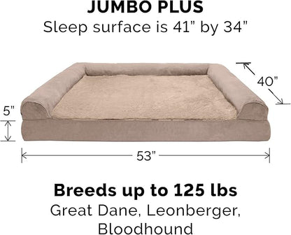 Furhaven Cooling Gel Dog Bed for Large Dogs w/ Removable Bolsters & Washable Cover, For Dogs Up to 125 lbs - Plush & Suede Sofa - Almondine, Jumbo Plus/XXL