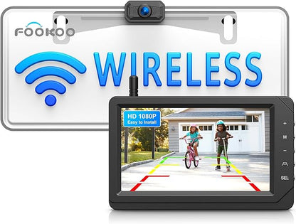 Fookoo HD 1080P 5-inch Wireless Backup Camera, 5" Split Screen Monitor Rear View Licence Plate Camera, DIY Guide Lines Wide Angle IP69 Waterproof Easy to Install for Car Pickup Van SUV - DW5CT