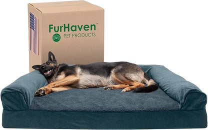 Furhaven Cooling Gel Dog Bed for Large Dogs w/ Removable Bolsters & Washable Cover, For Dogs Up to 125 lbs - Sherpa & Chenille Sofa - Orion Blue, Jumbo Plus/XXL