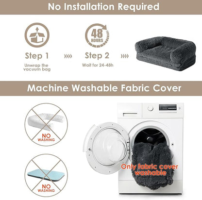 EHEYCIGA Foldable XL Dog Bed, Faux Fur Fluffy Pet Couch Bed for Large Dogs, Orthopedic Calming Memory Foam Big Pet Bed, Washable Soft Pet Sofa Bed with Non-Slip Bottom, Dark Grey, 46"x34"x6.5"