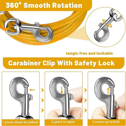 Dog Tie Out Cable 10/15/20/25/30 FT Runner for Yard Steel Wire Cable with Durable Superior Clips Yellow Chains for Outside Dog Lead for Large Up to 165 Lbs
