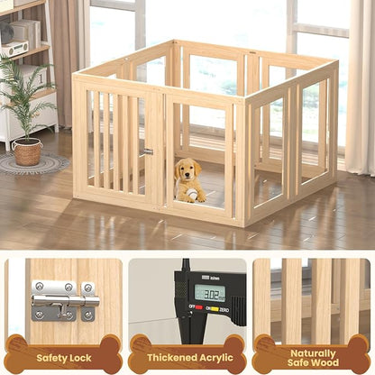 8 Panels Dog Playpen with Door, 23.6" H Pet Playpen Indoor, Clear Acrylic Puppy Playpens, Wooden Puppy Fence with Gate, Transparent Dog Pens, Pet Pen Indoor for Dogs, Cats, Rabbit, Small and Medium