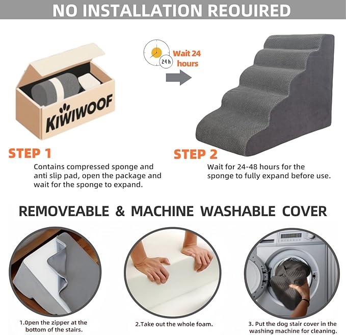 7 Step Pet Stairs Ramp for High Beds Sofas 22-42 Inch, Non-Slip Dog Stairs for Small Old Medium Large XL Dogs Cats, Sturdy 75 Pounds 33D Foam Balanced 6-Tier Ladder with Machine Washable Cover