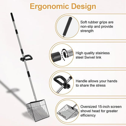 15" Chicken Poop Scooper & Rake, Metal Chicken Coop Scoop for Poop with 24 to 68" Adjustable Stainless Steel Handle, Litter Scooper Sifting Shovel Chicken Coop Accessories