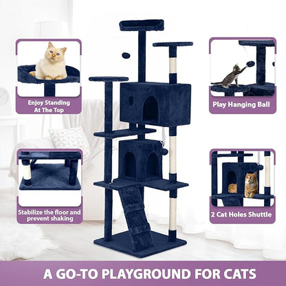 70 Inches Multi-Level Cat Tower for Indoor Cats - XL Tree Climbing Condo With Scratching Posts and Hanging Toys, Navy Blue