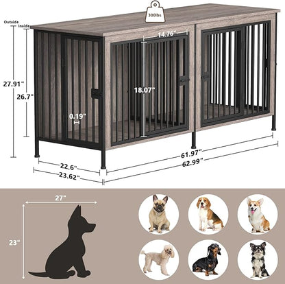 EasyCom 63" Dog Cage Furniture for 2 Pets with Divider, XL Wooden Double Dog Crate Furniture TV Stand for Mideum Breed, Durable and Sturdy