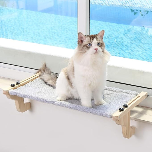 Easy Seat Cat Perch for Window Sill - Hammock Design w/Pine Wood & Robust Metal Frame - Cat Window Seat for Large Cats and Kittens (Natural Color Wood w/Gray Bed, Large (26''W x 14''D))