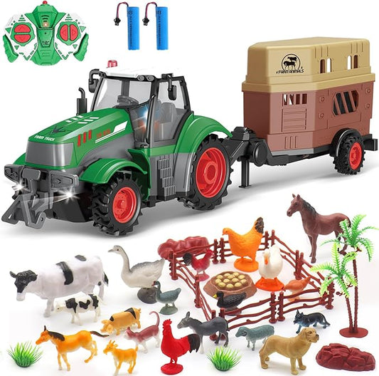 fisca Remote Control Tactor Toy Set & 33PSC Farm Vehicle Playset - Animal Figurines ,2.4GHz 1/24 Scale RC Tractor,Livestock Trailer, Fence with Light for Kids Age 4, 5, 6, 7 and Up Years Old