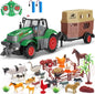 fisca Remote Control Tactor Toy Set & 33PSC Farm Vehicle Playset - Animal Figurines ,2.4GHz 1/24 Scale RC Tractor,Livestock Trailer, Fence with Light for Kids Age 4, 5, 6, 7 and Up Years Old