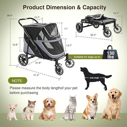 Dog Stroller for Medium/Large Dogs One-Click Folding, Extra Large Pet Stroller for 2 Dogs with Storage Pocket & Shock Absorption, Up to 130 lbs, Grey