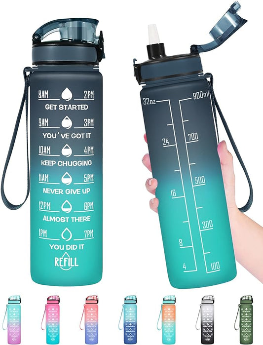 Enerbone Water Bottle, Leakproof BPA & Toxic Free, Motivational Water Bottle with Times to Drink and Straw, Fitness Sports Water Bottle with Strap for Office, Gym, Outdoor Sports