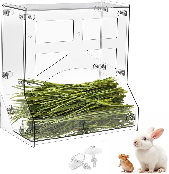 Acrylic Rabbit Hay Feeder with Lid, Transparent Hanging Food Dispenser Hay Feeder for Bunny Rabbits Guinea Pig Cage Chinchillas Hamsters Small Pets and Animals（Large