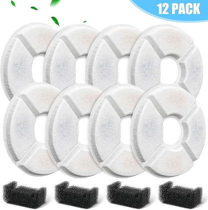 12 Pack Cat Water Fountain Filter, 8 Pcs Cat Fountain Filters Replacement & 4 Pcs Pre-Filter Sponges for 81oz / 2.4L Round Automatic Pet Water Fountain Dog Dispenser, 3-Filtration System