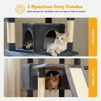 81" Heavy Duty Cat Tree for Large Cats up to 20lbs - Extra Tall Cat Tower with Metal Frame Hammock, 6 Sisal Scratching Posts, 2 Perches - Indoor Cat Furniture for Maine Coon, Dark Gray