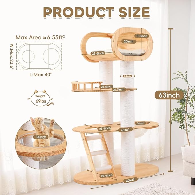 63'' Tall Modern Cat Tree for Indoor Cats, Luxury Cat Tree, Multi-Level Wood Climb Tower for Large Cat, Heavy Duty Kitty House with Transparent Bowl, Large Perches with Removable Cushion