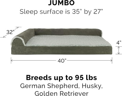 Furhaven Cooling Gel Dog Bed for Large Dogs w/ Removable Bolsters & Washable Cover, For Dogs Up to 95 lbs - Two-Tone Plush Faux Fur & Suede L Shaped Chaise - Dark Sage, Jumbo/XL