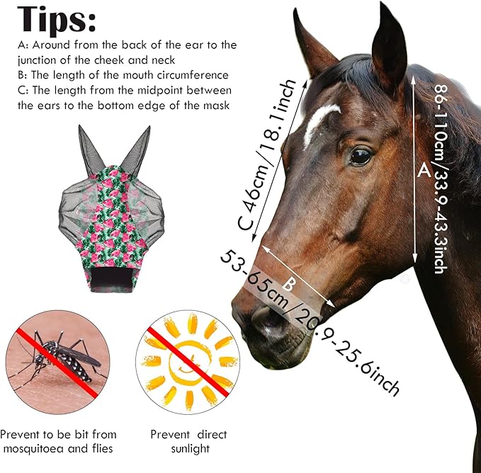 Frienda 4 Pieces Horse Fly Masks with Ears Face Covering UV Protection from Insect Pests Elasticity Smooth Comfortable Mesh Horse Mask Accessories(Fruit,Large)