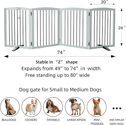 Freestanding Panel Dog Gate for Indoor, Doorways, Stairs, or Hallways - Foldable Wooden Pet Fence With Support Feet - 24" Height, 4 Panels, White
