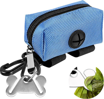 Dog Waste Bag Dispenser Pet Poop Bags Holder for Doggie Waste Bags Dispensers Soft Fabric Zipper Small Doggy Puppy Pouch for Leash Accessory Attachment with Carrier,Blue