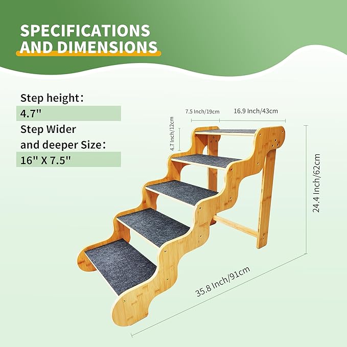 Dog Steps for Bed,24 Inches 5 Step Dog Stairs for Senior Pets to Get On 30 Inches High Beds/Car,Made of Bamboo Can Support Large Dogs Weighing Up to 160 LB