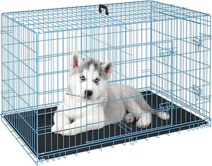 FDW Dog Crate for Small Dogs 24 Inch Folding Metal WirePet Cage Double Door W/Divider Panel Indoor Outdoor Kennel Leak-Proof Plastic Tray,Blue