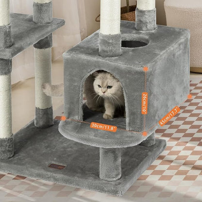 73 inches Large Cat Tree for Indoor Cats, Tall Cat Tower with Sisal Scratching Posts and Pads, Padded Plush Perch, Cozy Basket, Plush Condo for Large Cats (Grey)