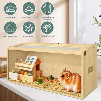 32" Hamster Habitat Enclosure, Top Opening Lockable Roof Door, Gerbil Dwarf Hamster Cage with Hygrometer, Chewproof Syrian Hamster Cage for Mice, Small Animal, (Wooden, 32" L x 16" W x 16" H)