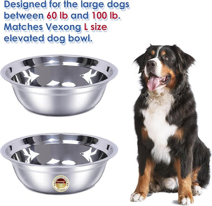 2 Pack, L Size Bowls, Matches Vexong L Size Elevated Dog Bowl Stand, for Dogs Between 60 and 100 lb, Stainless Steel Dog Bowl, Capacity 0.8 Gal / 12.5 Cup / 106 Oz / 3 Liter, Rustproof, Durable,