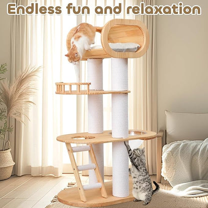 63'' Tall Modern Cat Tree for Indoor Cats, Luxury Cat Tree, Multi-Level Wood Climb Tower for Large Cat, Heavy Duty Kitty House with Transparent Bowl, Large Perches with Removable Cushion