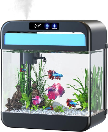 Fish Tank 2.2 Gallon Fish Bowl with Humidifier 7 Color Auto-Looping Light 3 in 1 Quiet Pump with Filteration & Oxygenation & Circulation, Temperature Display, HD Float Glass, Thickened Base