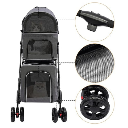 2 Tiers Pet Stroller,4 Wheel Dog Stroller Cat Strollers,3.07lbs Pet Gear Foldable Jogger Travel Cart,Grey Cat Carrying Cart with Storage Basket for Small Medium Pet (Grey)