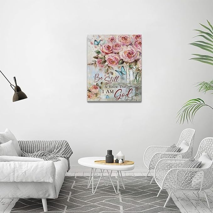 Farmhouse Rose Wall Art Christian Scripture Pictures Pink Rose Wall Decor Rustic Floral Butterfly Canvas Print Painting Artwork for Bathroom Living Room Bedroom 16"x20"